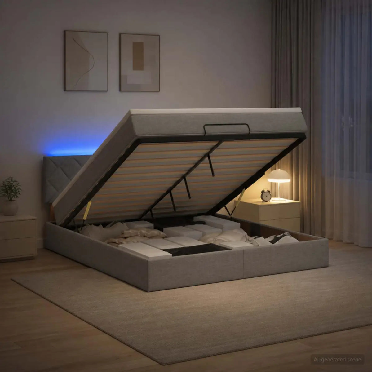 Lit coffre avec matelas et LED Gris clair 140 x 190 cm Tissu - XIOS