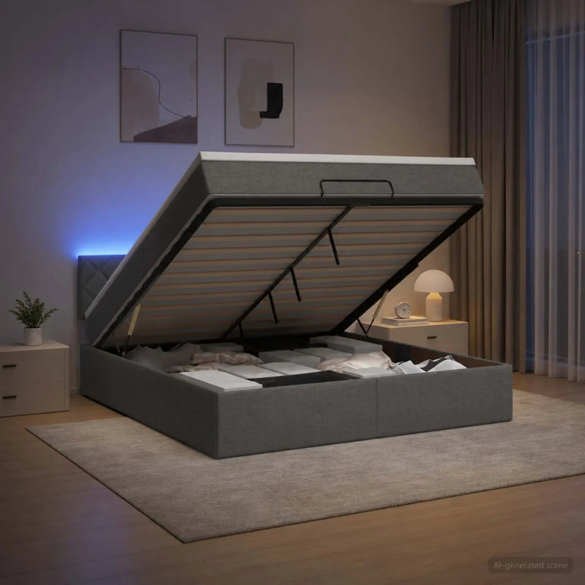 Lit coffre avec matelas et LED Gris foncé 140 x 200 cm Tissu - XIOS