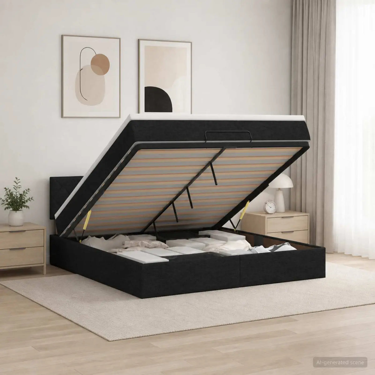 Lit coffre avec matelas et LED Noir 140 x 200 cm Tissu - XIOS