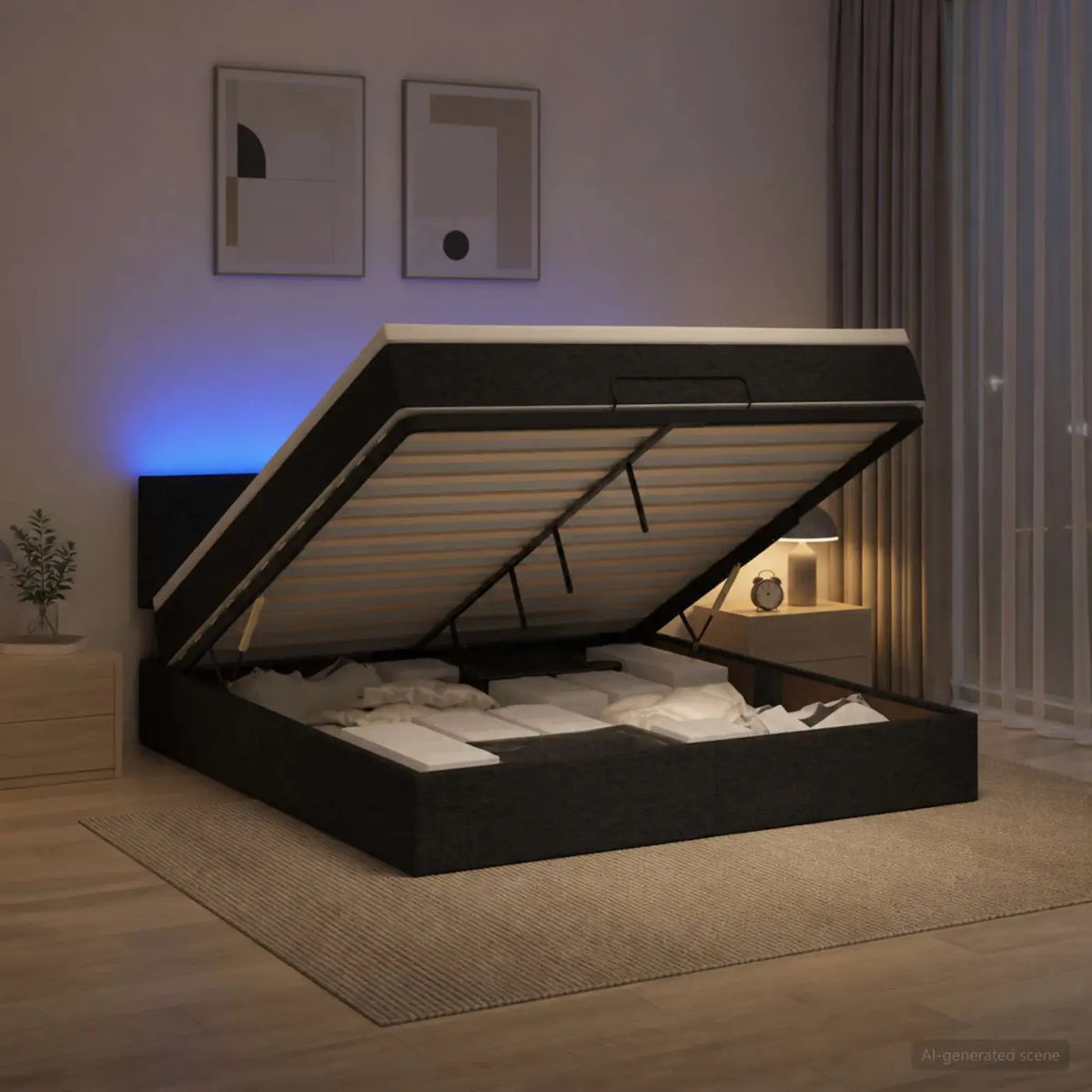 Lit coffre avec matelas et LED Noir 140 x 200 cm Tissu - XIOS
