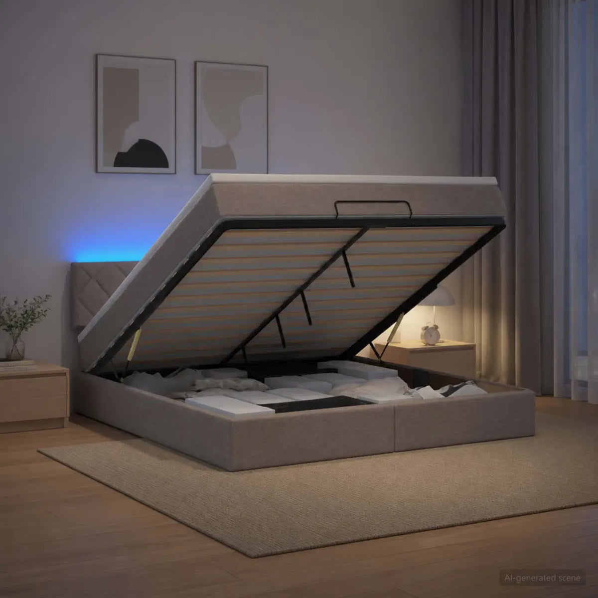 Lit coffre avec matelas et LED Taupe 140 x 190 cm Tissu - XIOS
