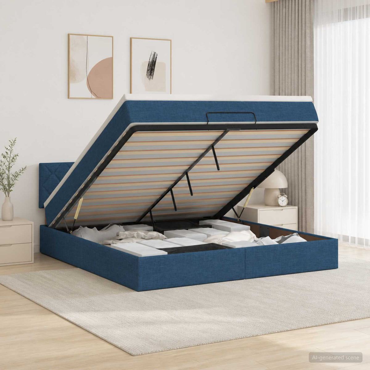 Lit ottoman avec matelas Bleu 160 x 200 cm Tissu