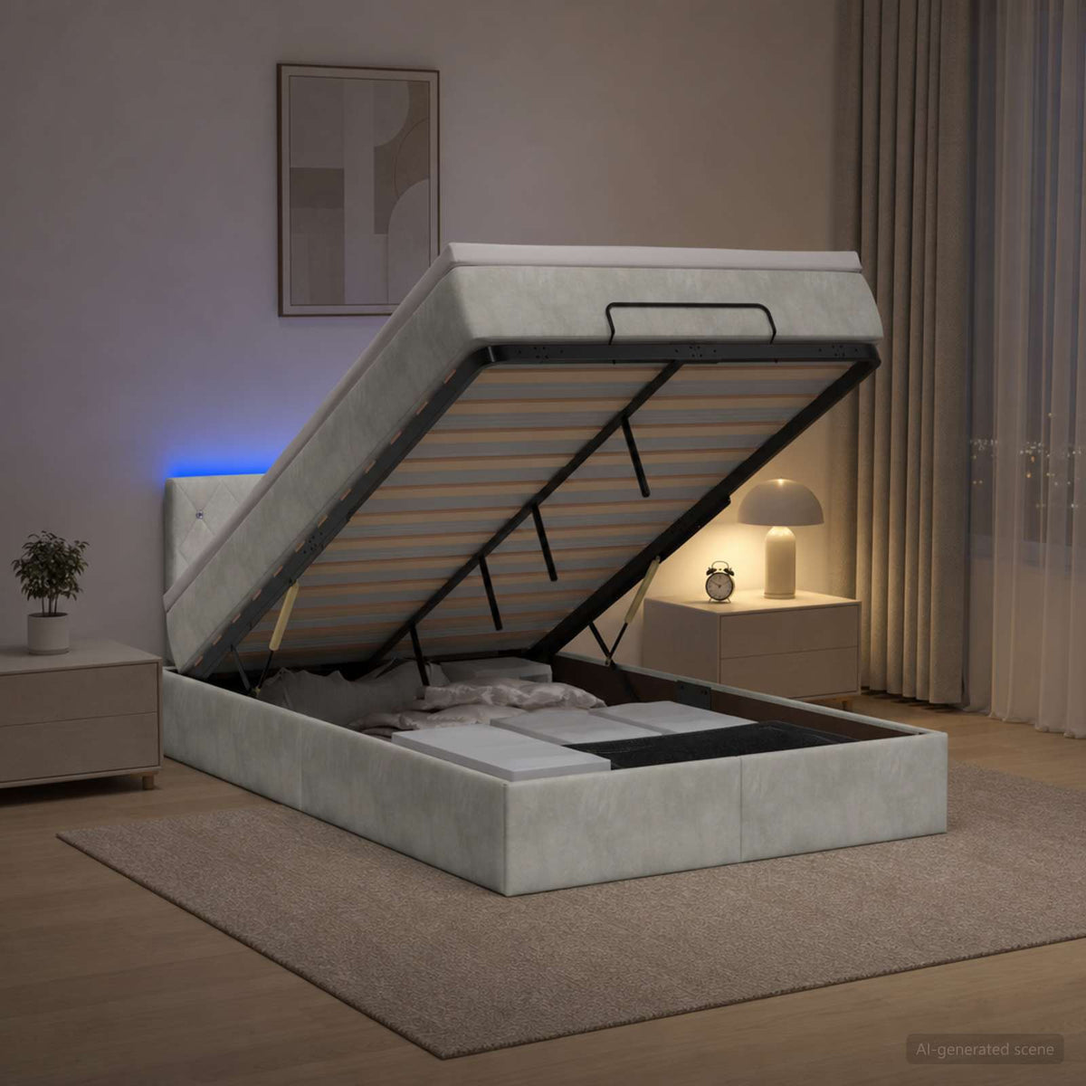 Lit coffre avec matelas et LED Gris clair 120 x 190 cm Velours