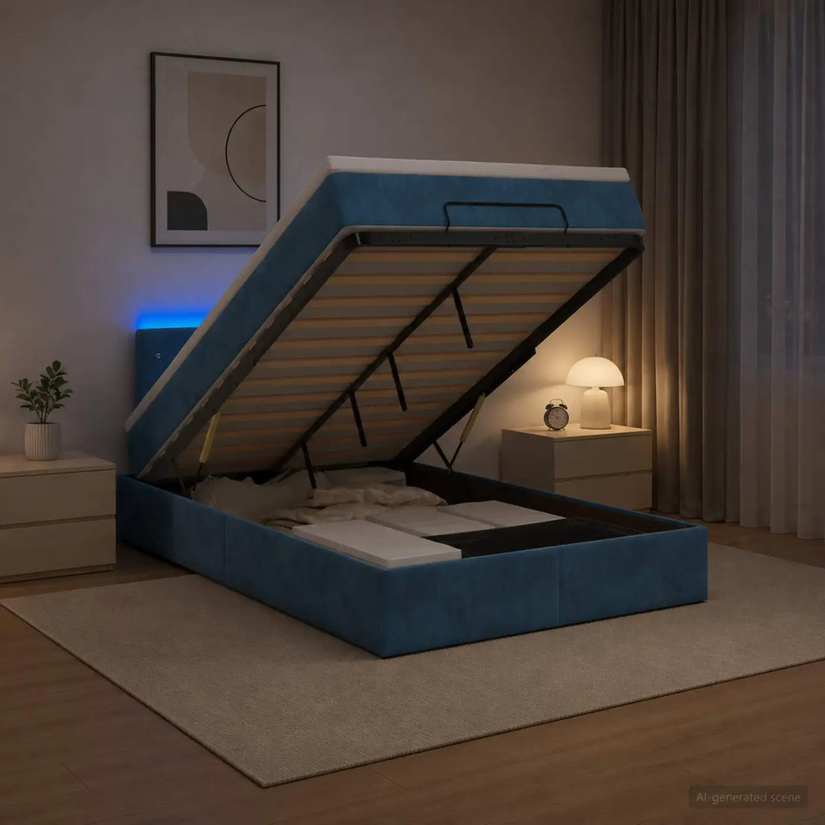 Lit coffre avec matelas et LED Bleu foncé 120 x 200 cm Velours - XIOS