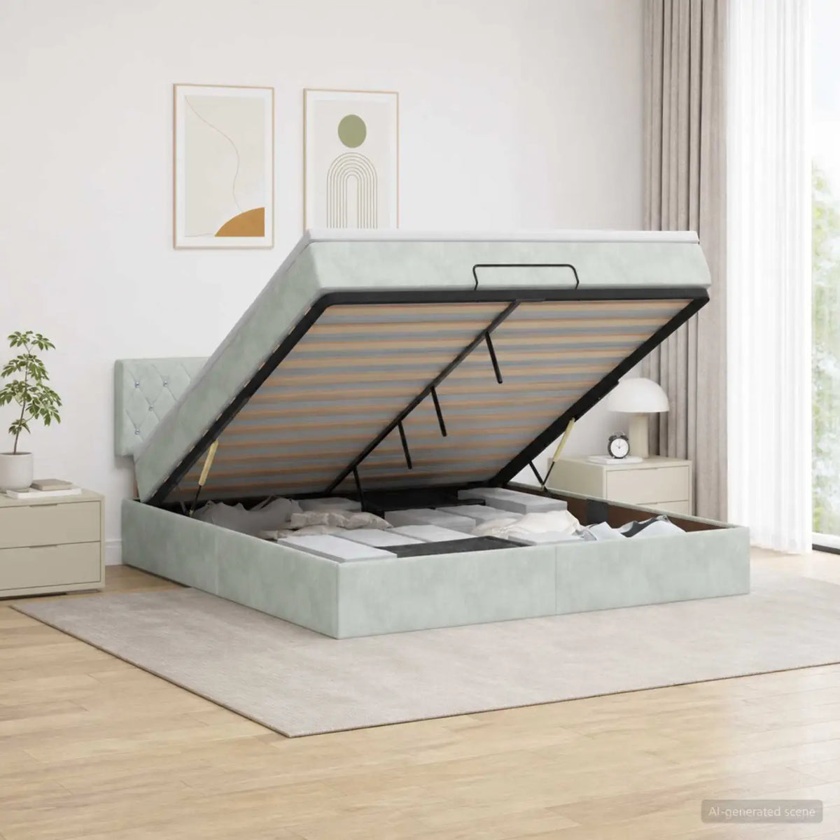 Lit coffre avec matelas et LED Gris clair 140 x 200 cm Velours - XIOS