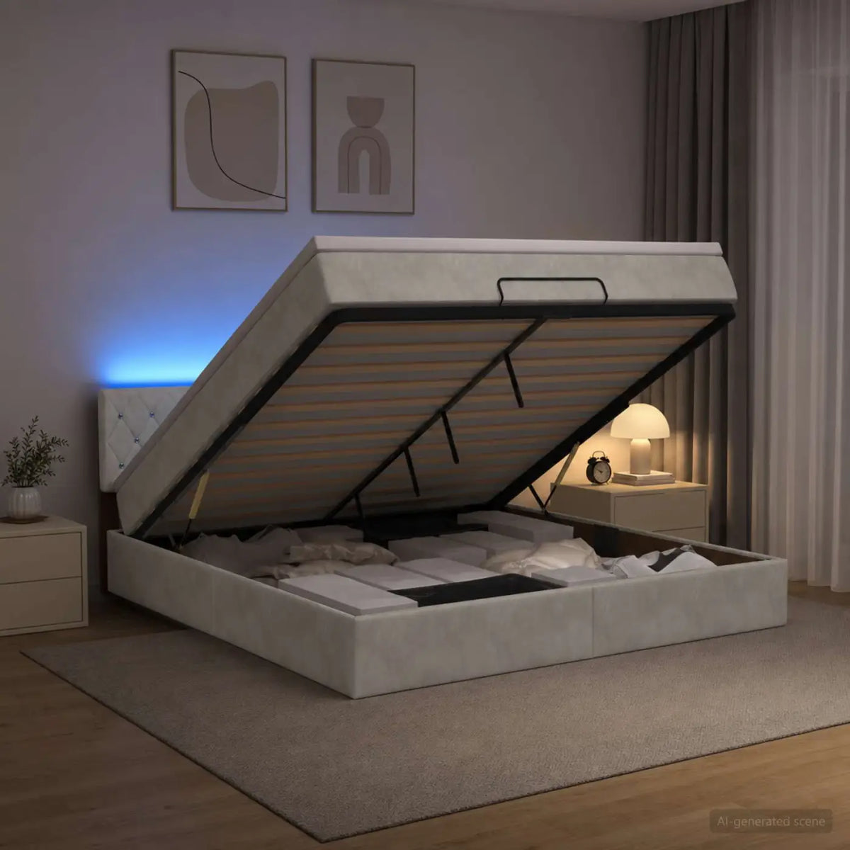 Lit coffre avec matelas et LED Gris clair 140 x 190 cm Velours - XIOS