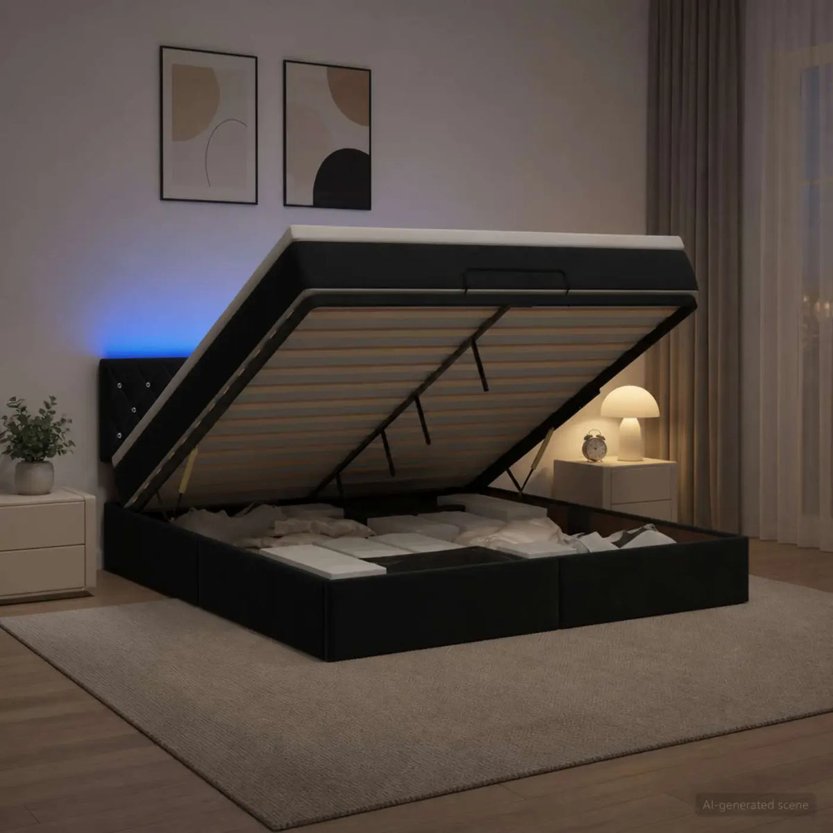 Lit coffre avec matelas et LED Noir 140 x 190 cm Velours - XIOS