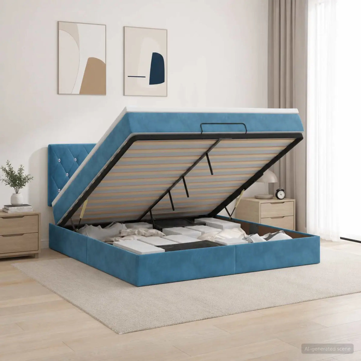 Lit coffre avec matelas et LED Bleu foncé 140 x 200 cm Velours - XIOS