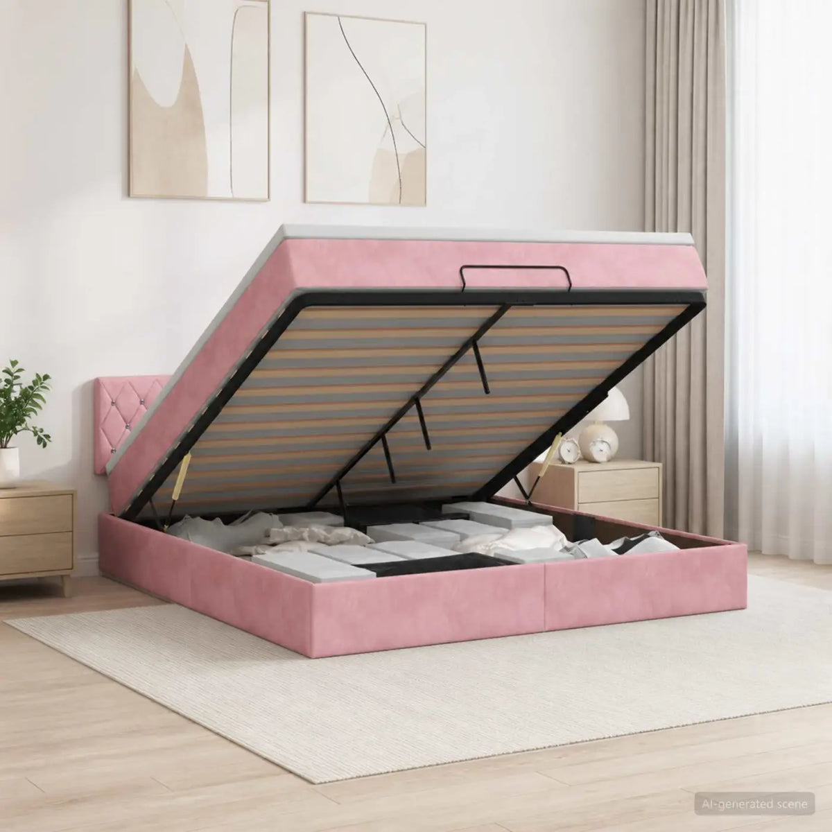 Lit coffre avec matelas et LED Rose 140 x 190 cm Velours - XIOS