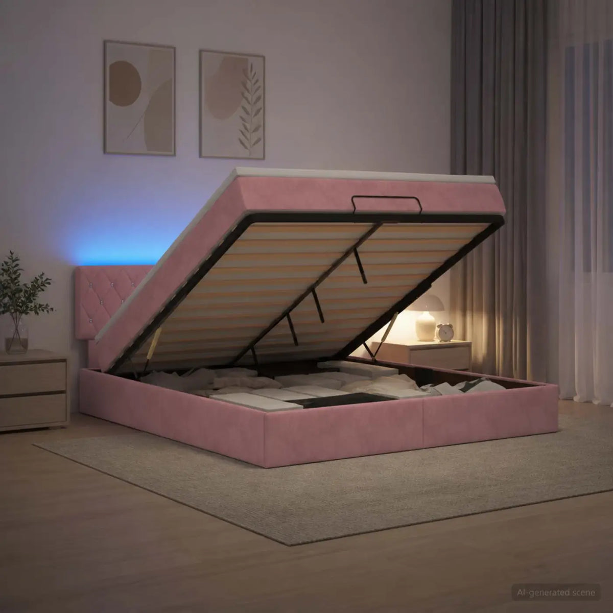 Lit coffre avec matelas et LED Rose 140 x 190 cm Velours - XIOS