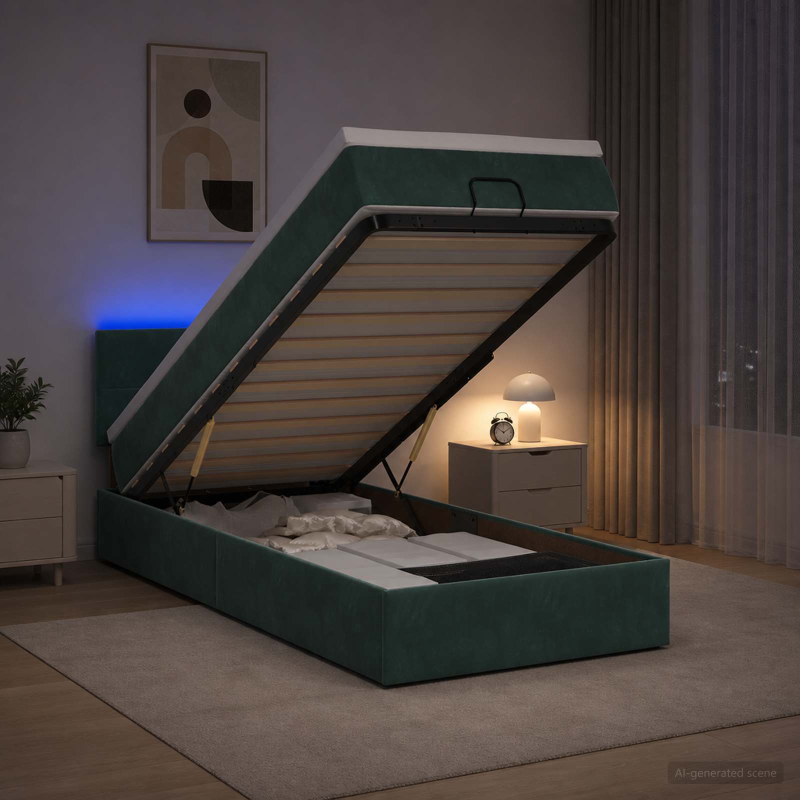 Lit coffre avec matelas et LED Vert foncé 100 x 200 cm Velours
