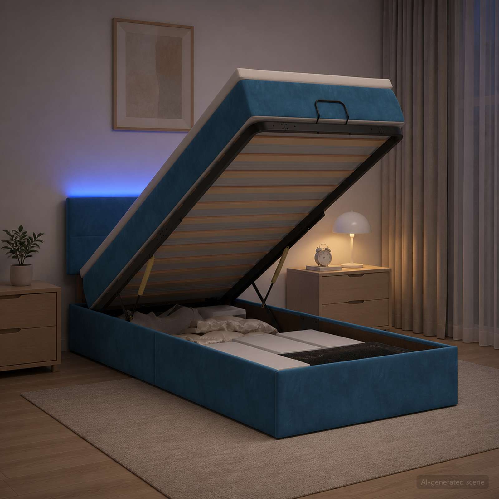 Lit coffre avec matelas et LED Bleu foncé 90 x 200 cm Velours - XIOS