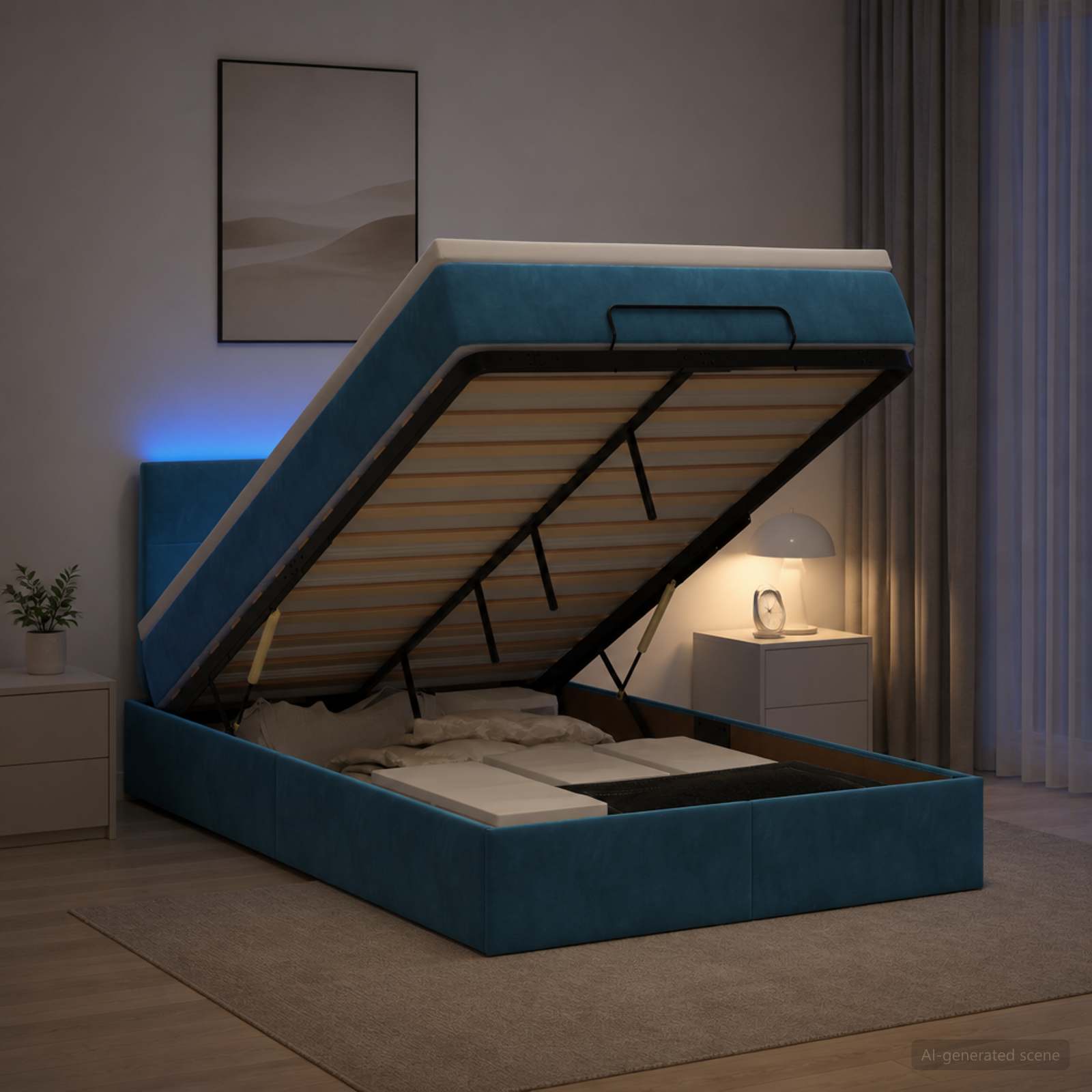 Lit coffre avec matelas et LED Bleu foncé 120 x 190 cm Velours