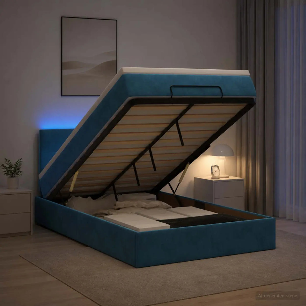 Lit coffre avec matelas et LED Bleu foncé 120 x 200 cm Velours - XIOS