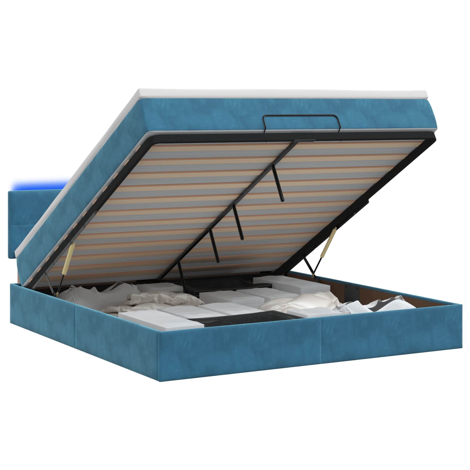 Lit coffre avec matelas et LED Bleu foncé 140 x 190 cm Velours