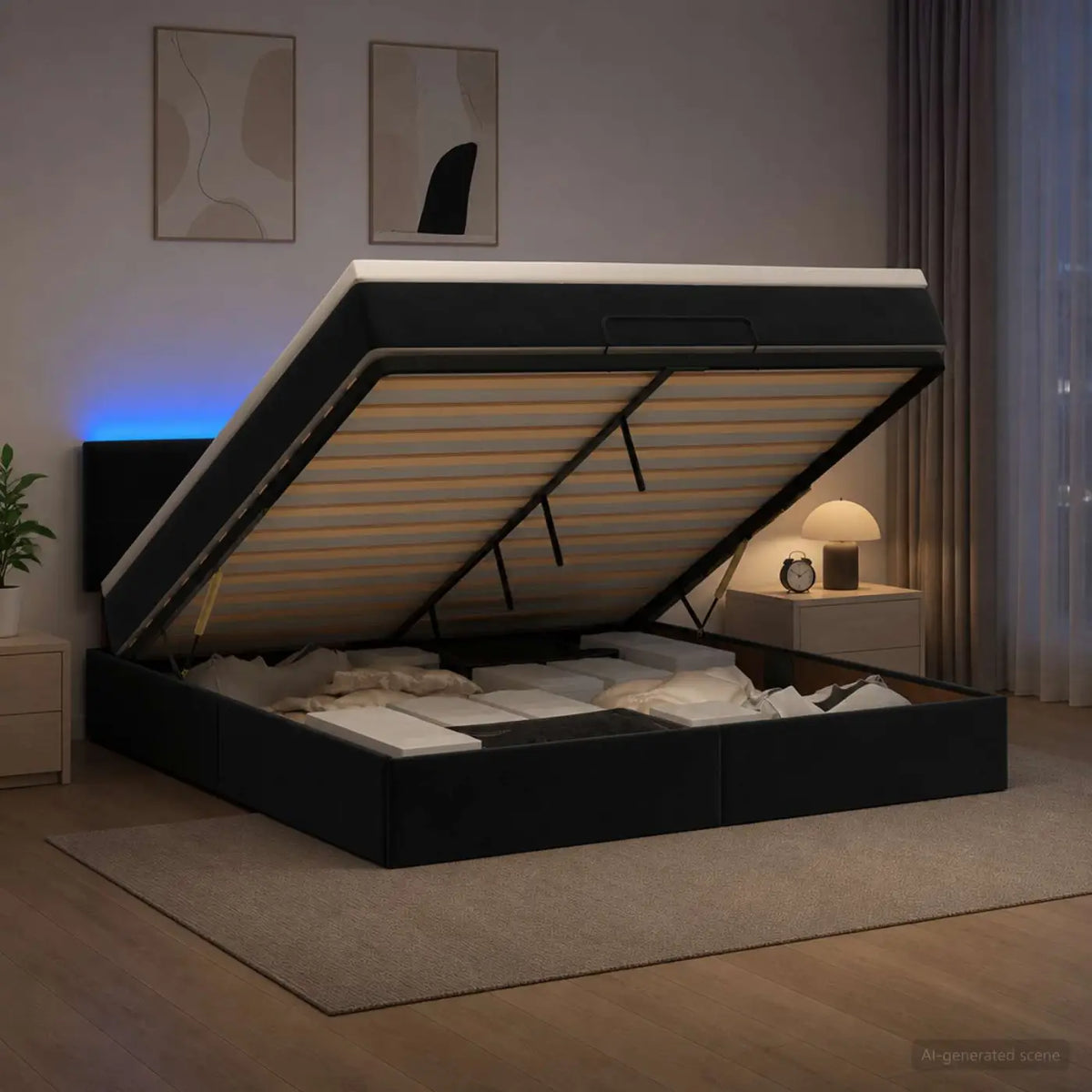 Lit coffre avec matelas et LED Noir 140 x 190 cm Velours - XIOS