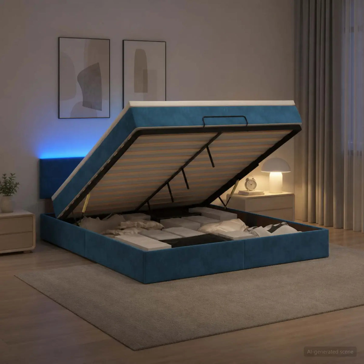 Lit coffre avec matelas et LED Bleu foncé 140 x 190 cm Velours - XIOS