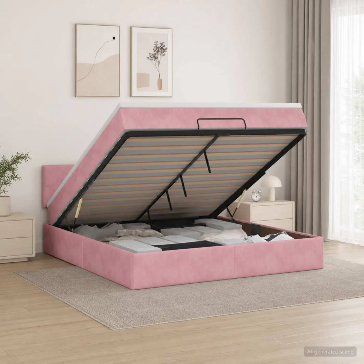 Lit coffre avec matelas et LED Rose 140 x 190 cm Velours - XIOS