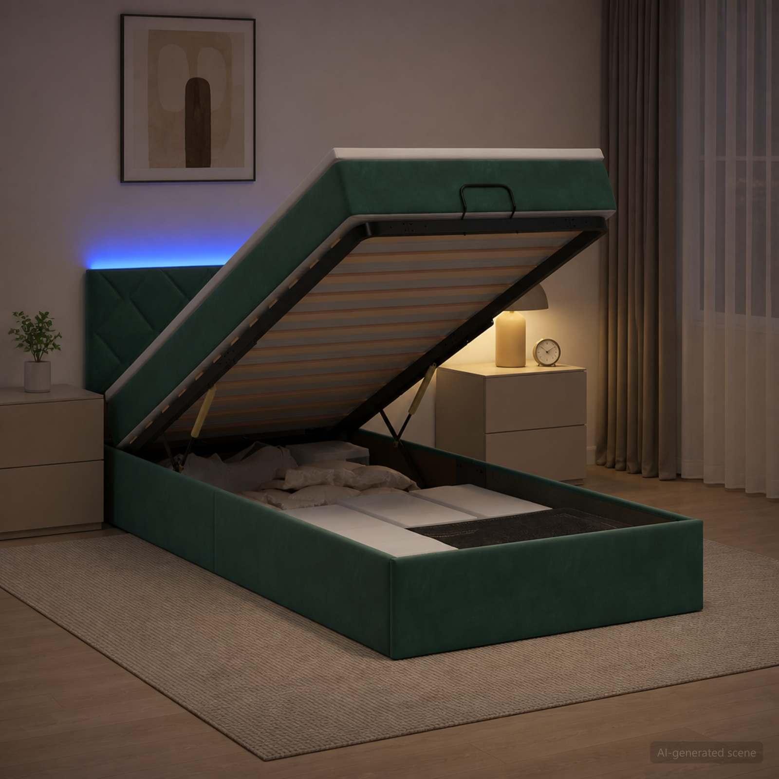 Lit coffre avec matelas et LED Vert foncé 80 x 200 cm Velours