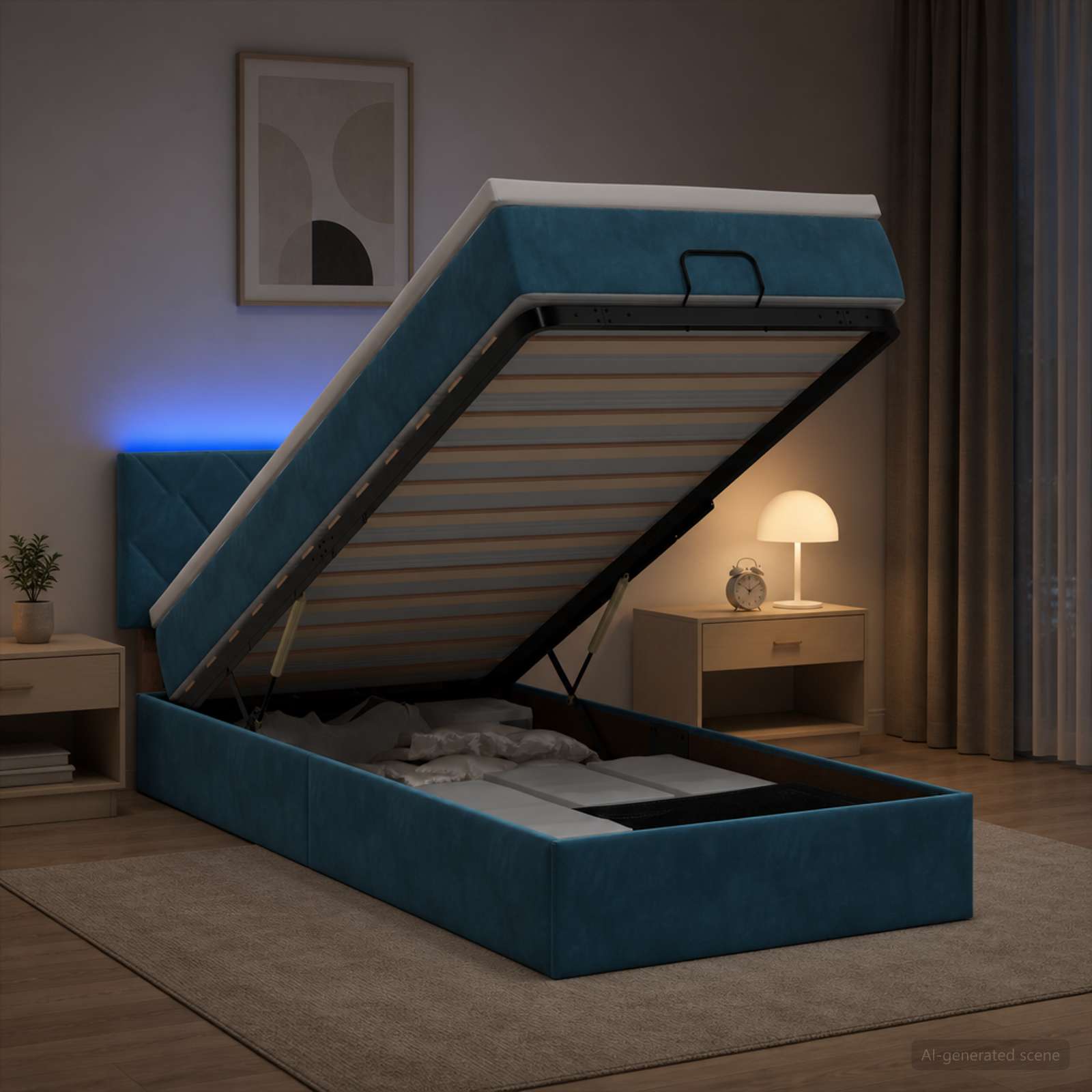 Lit coffre avec matelas et LED Bleu foncé 100 x 200 cm Velours