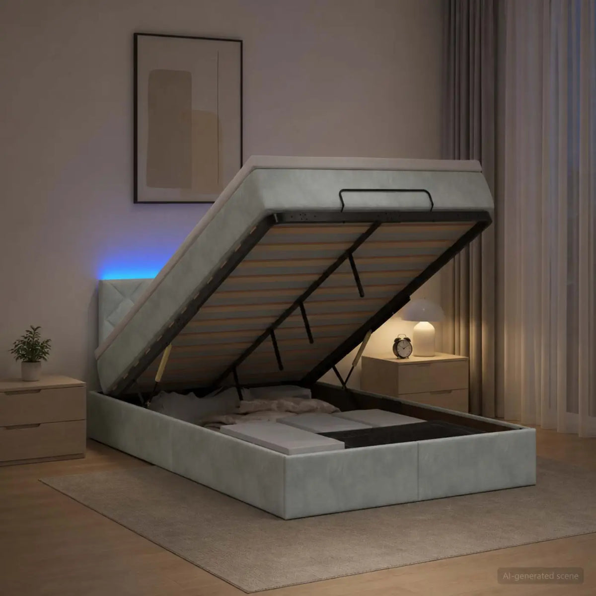 Lit coffre avec matelas et LED Gris clair 120 x 200 cm Velours - XIOS