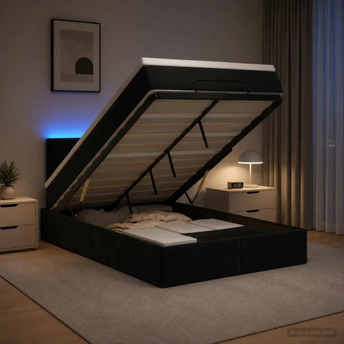 Lit coffre avec matelas et LED Noir 120 x 200 cm Velours - XIOS