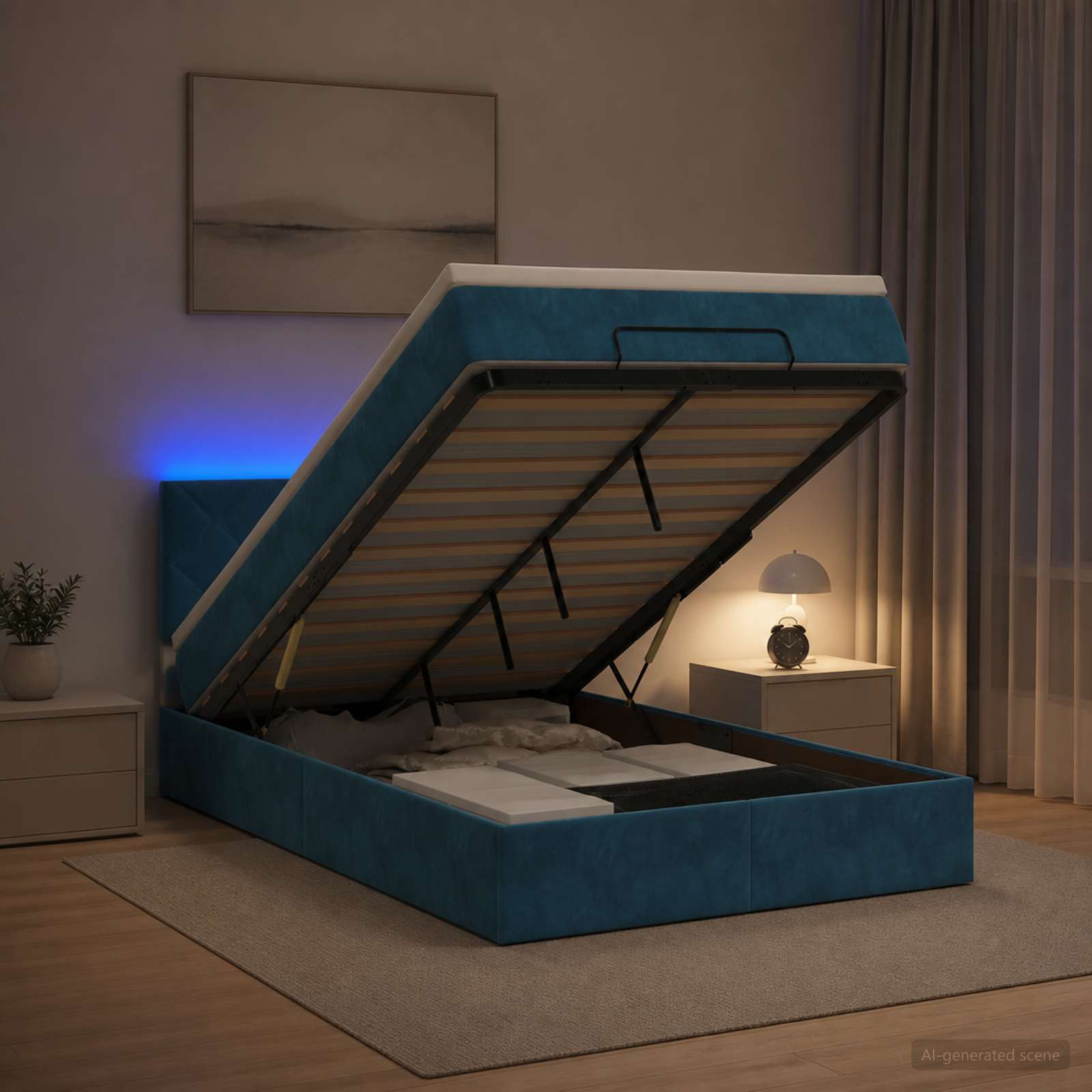 Lit coffre avec matelas et LED Bleu foncé 120 x 190 cm Velours