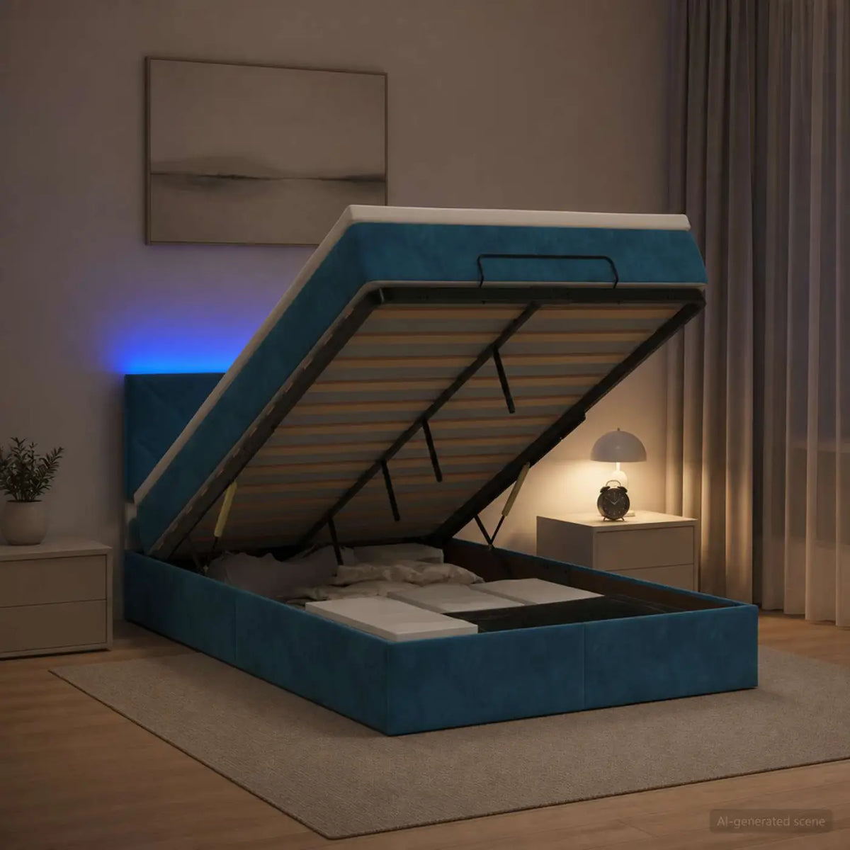 Lit coffre avec matelas et LED Bleu foncé 120 x 190 cm Velours - XIOS