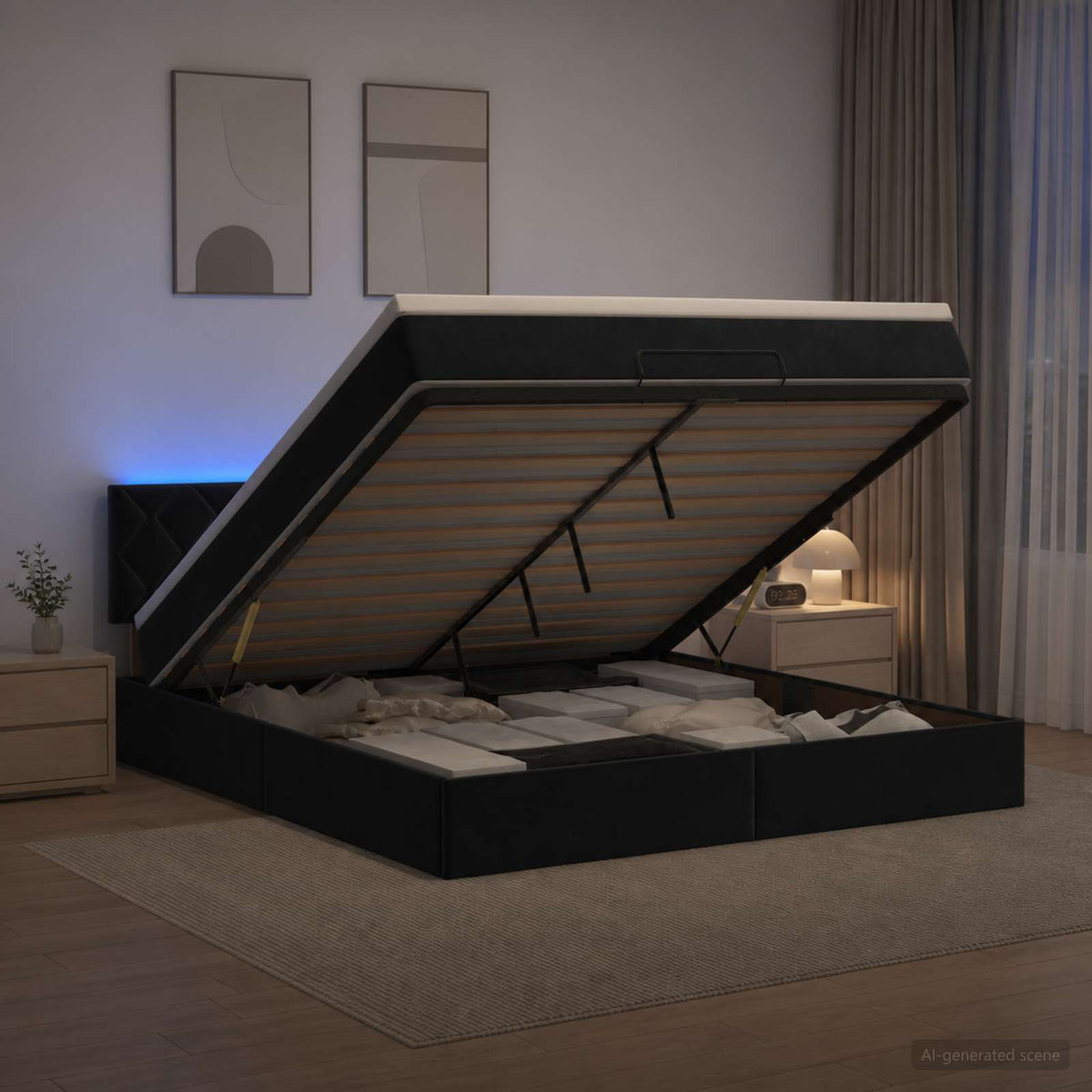 Lit coffre avec matelas et LED Noir 140 x 200 cm Velours