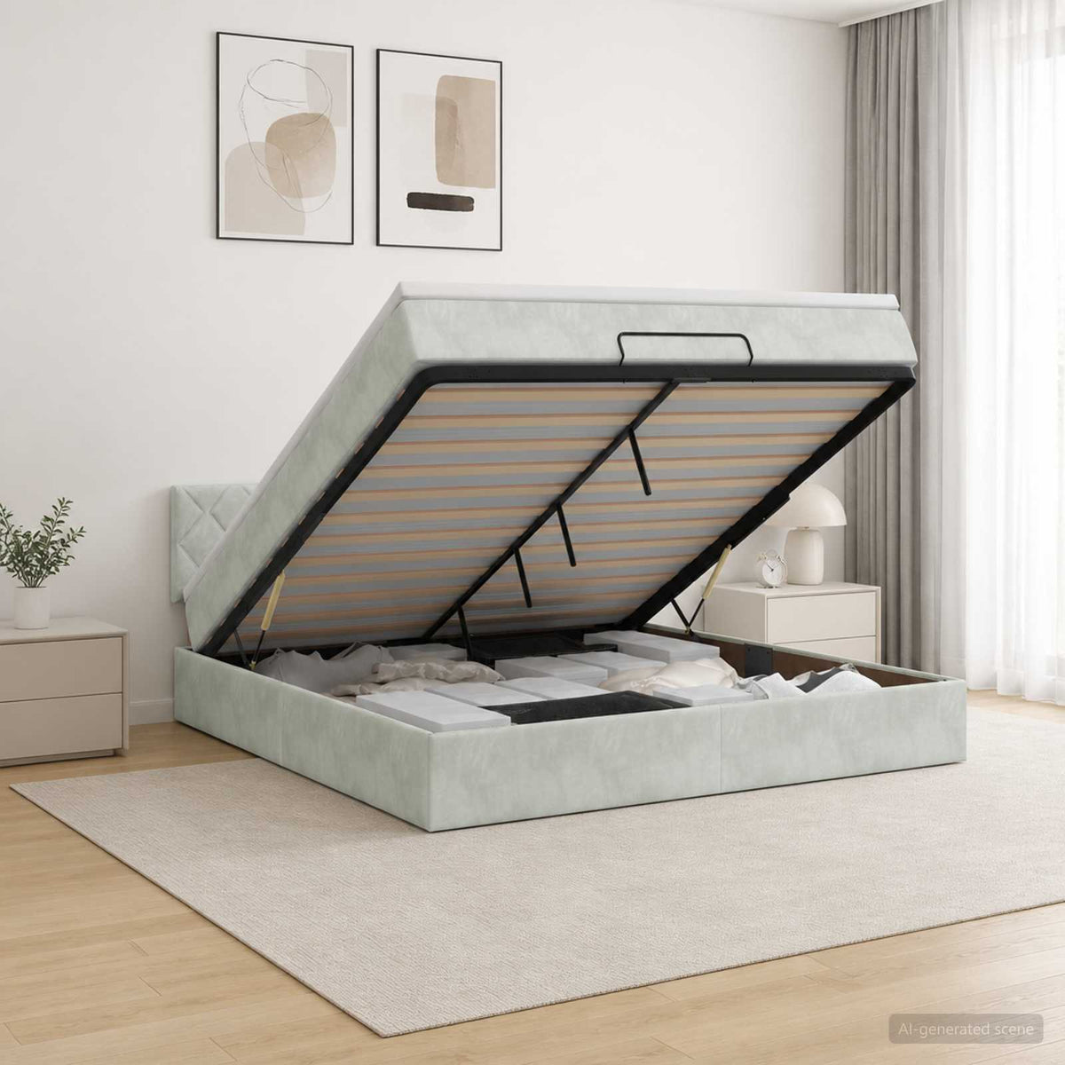 Lit coffre avec matelas et LED Gris clair 140 x 200 cm Velours