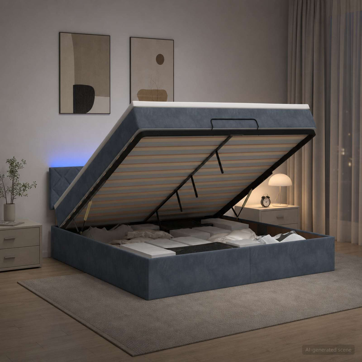 Lit coffre avec matelas et LED Gris foncé 140 x 200 cm Velours