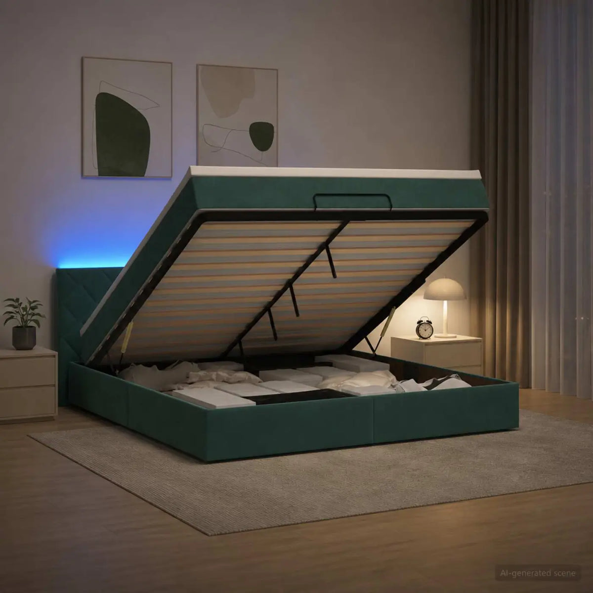 Lit coffre avec matelas et LED Vert foncé 140 x 190 cm Velours - XIOS