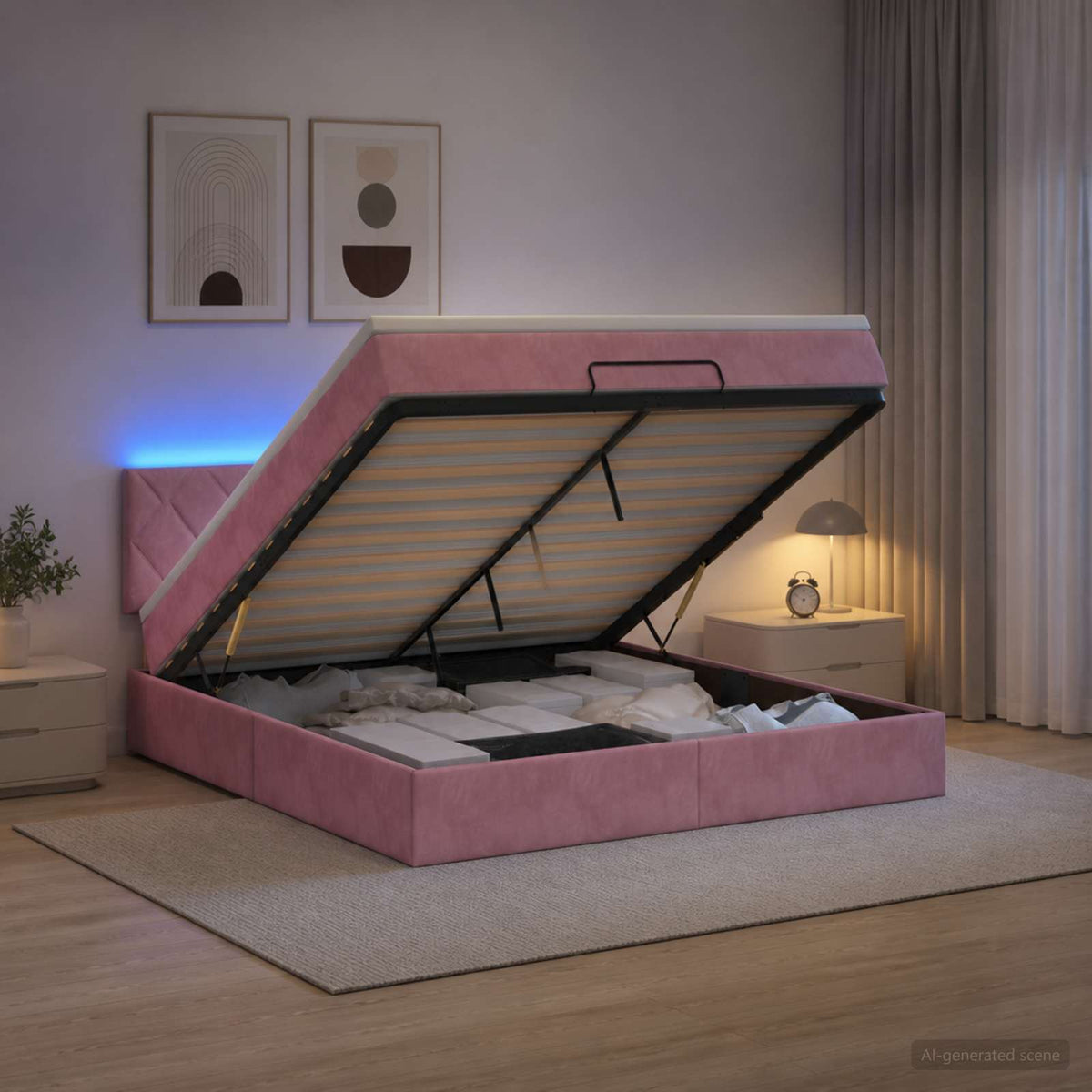 Lit coffre avec matelas et LED Rose 140 x 190 cm Velours