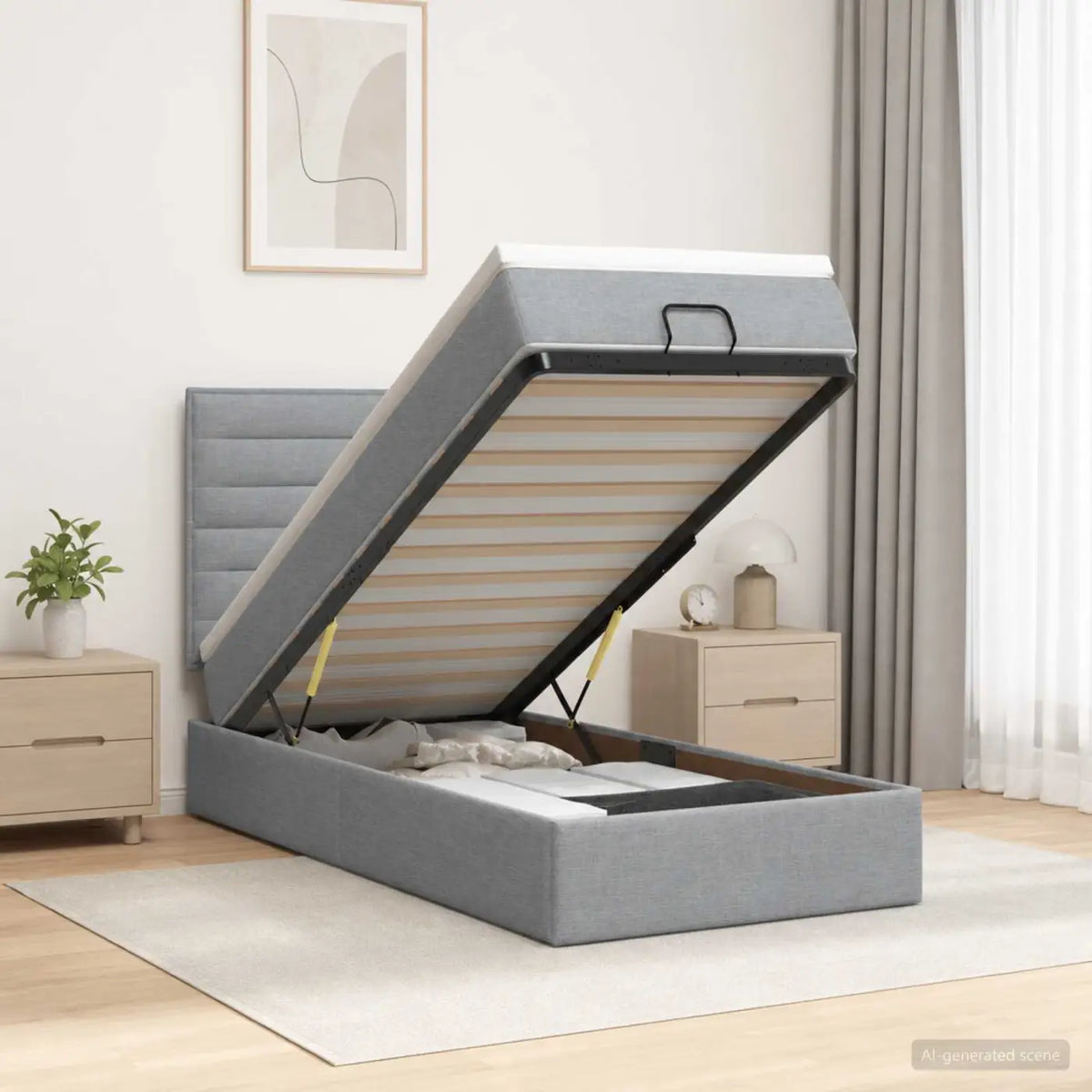 Lit coffre avec matelas et LED Gris clair 90 x 190 cm Tissu - XIOS