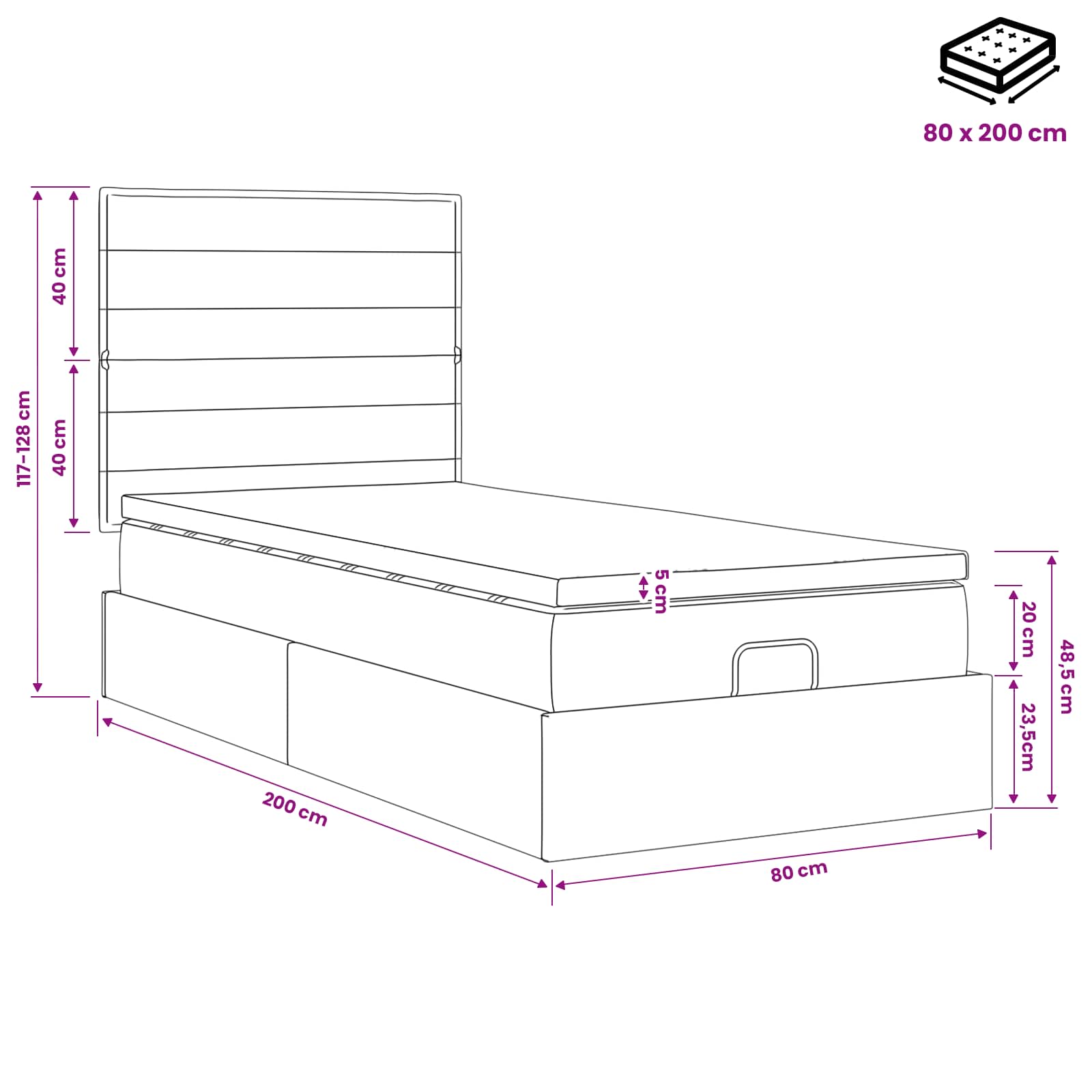 Lit ottoman avec matelas Gris foncé 80 x 200 cm Tissu - XIOS