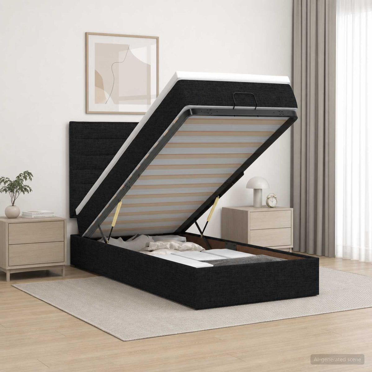 Lit ottoman avec matelas Noir 90 x 190 cm Tissu
