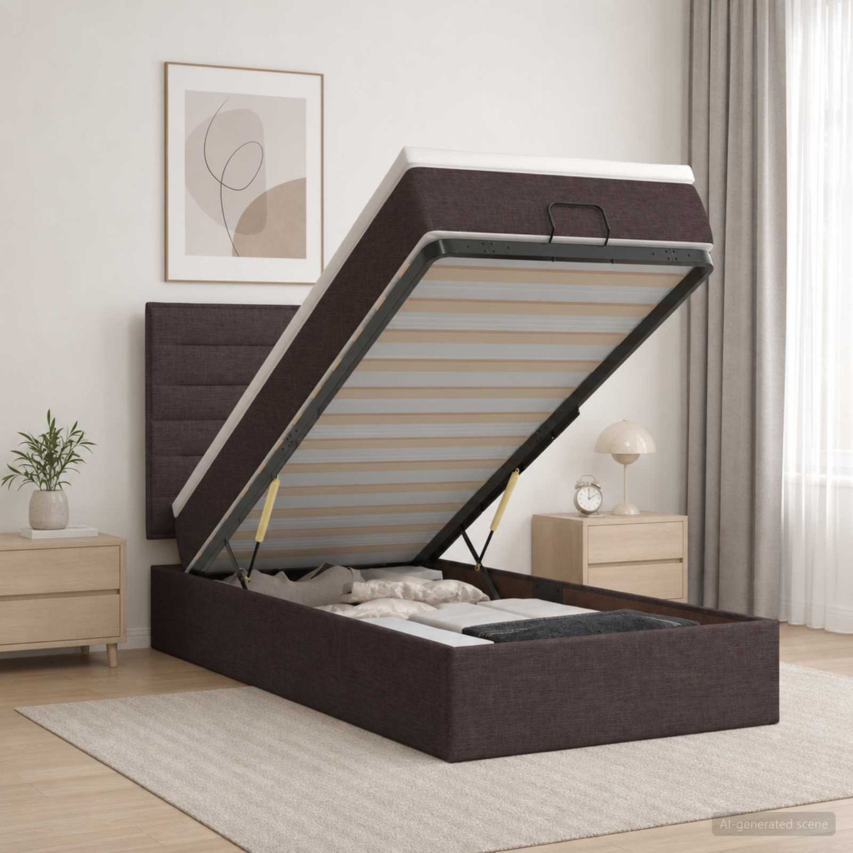 Lit coffre avec matelas et LED Marron foncé 90 x 200 cm Tissu