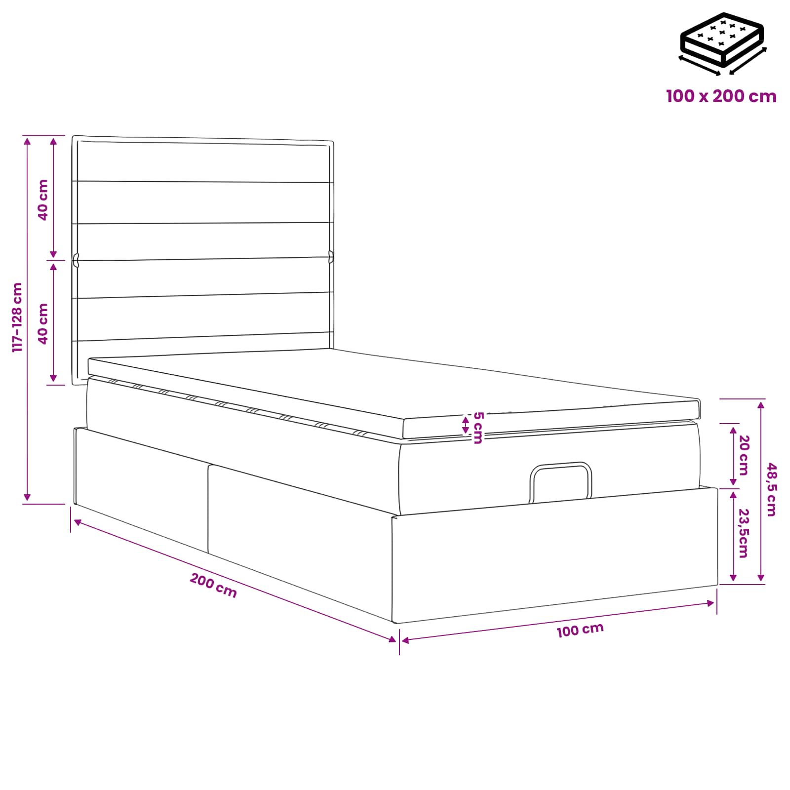 Lit ottoman avec matelas Gris clair 100 x 200 cm Tissu