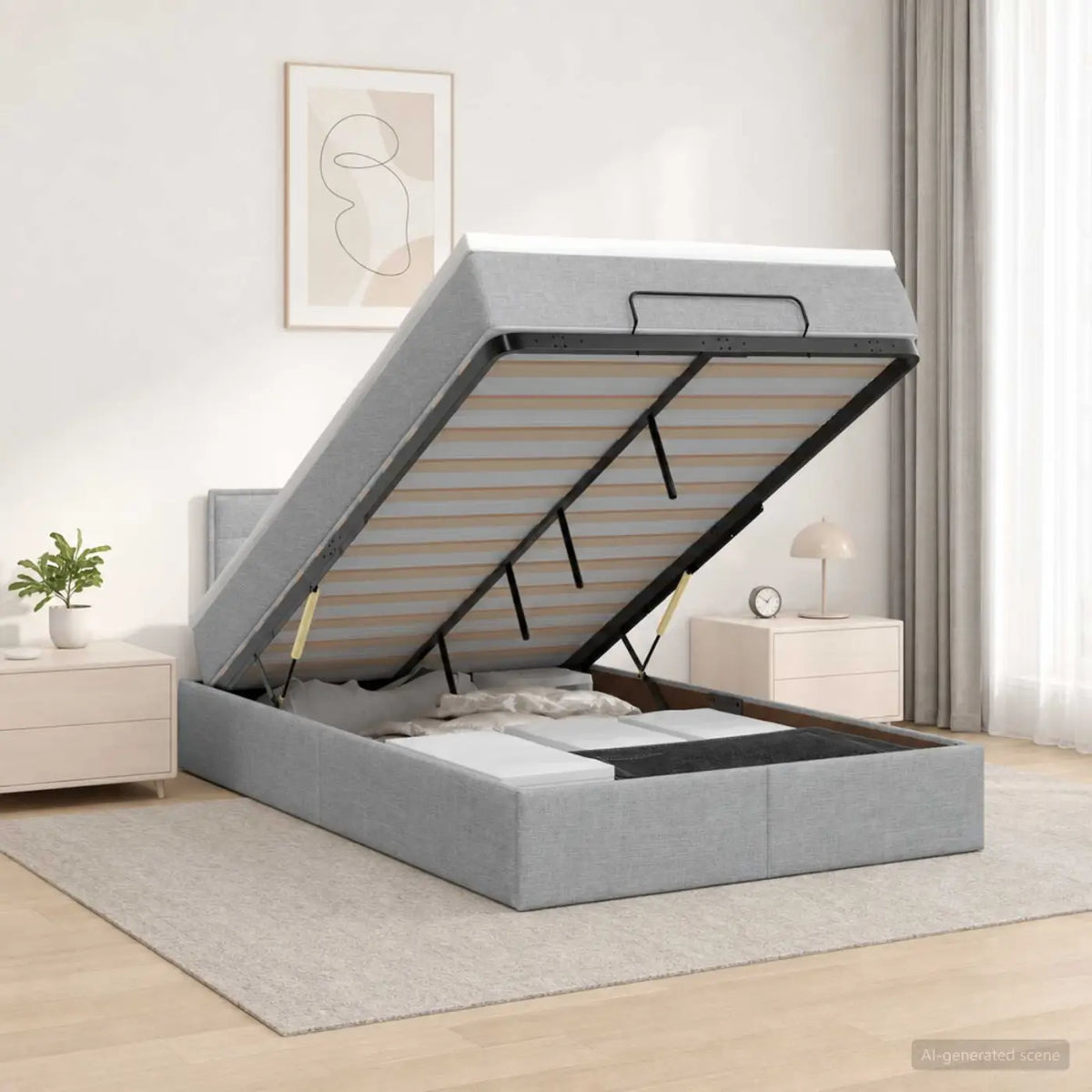 Lit coffre avec matelas et LED Gris clair 120 x 200 cm Tissu - XIOS