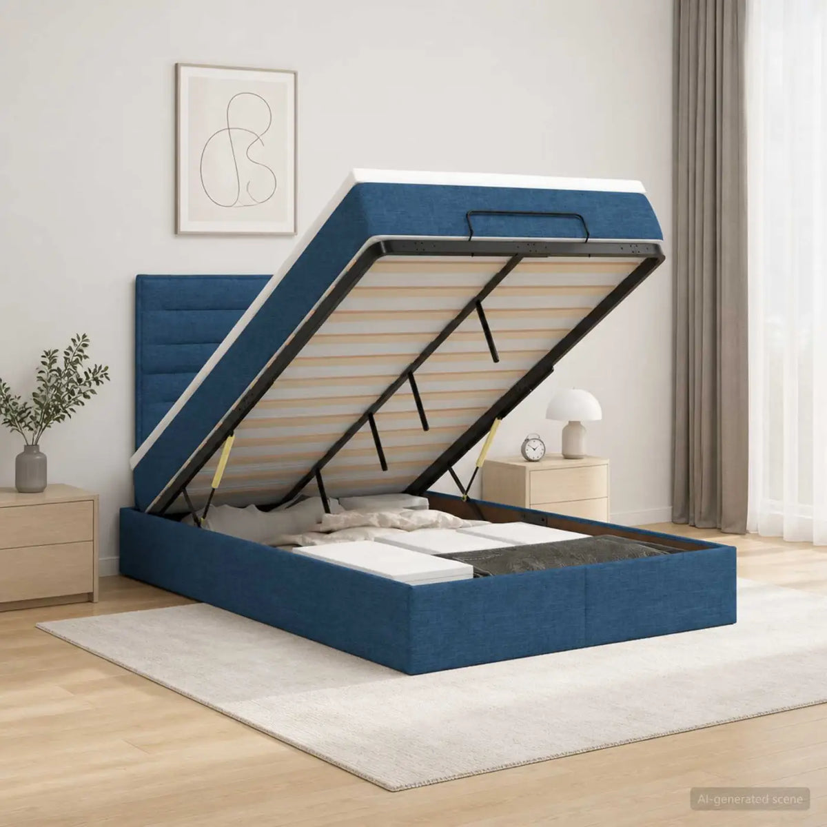 Lit coffre avec matelas et LED Bleu 120 x 200 cm Tissu - XIOS