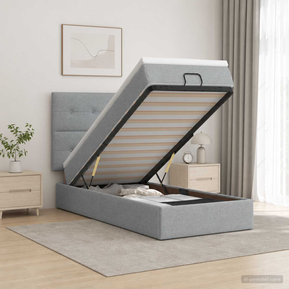 Lit ottoman avec matelas Gris clair 90 x 200 cm Tissu
