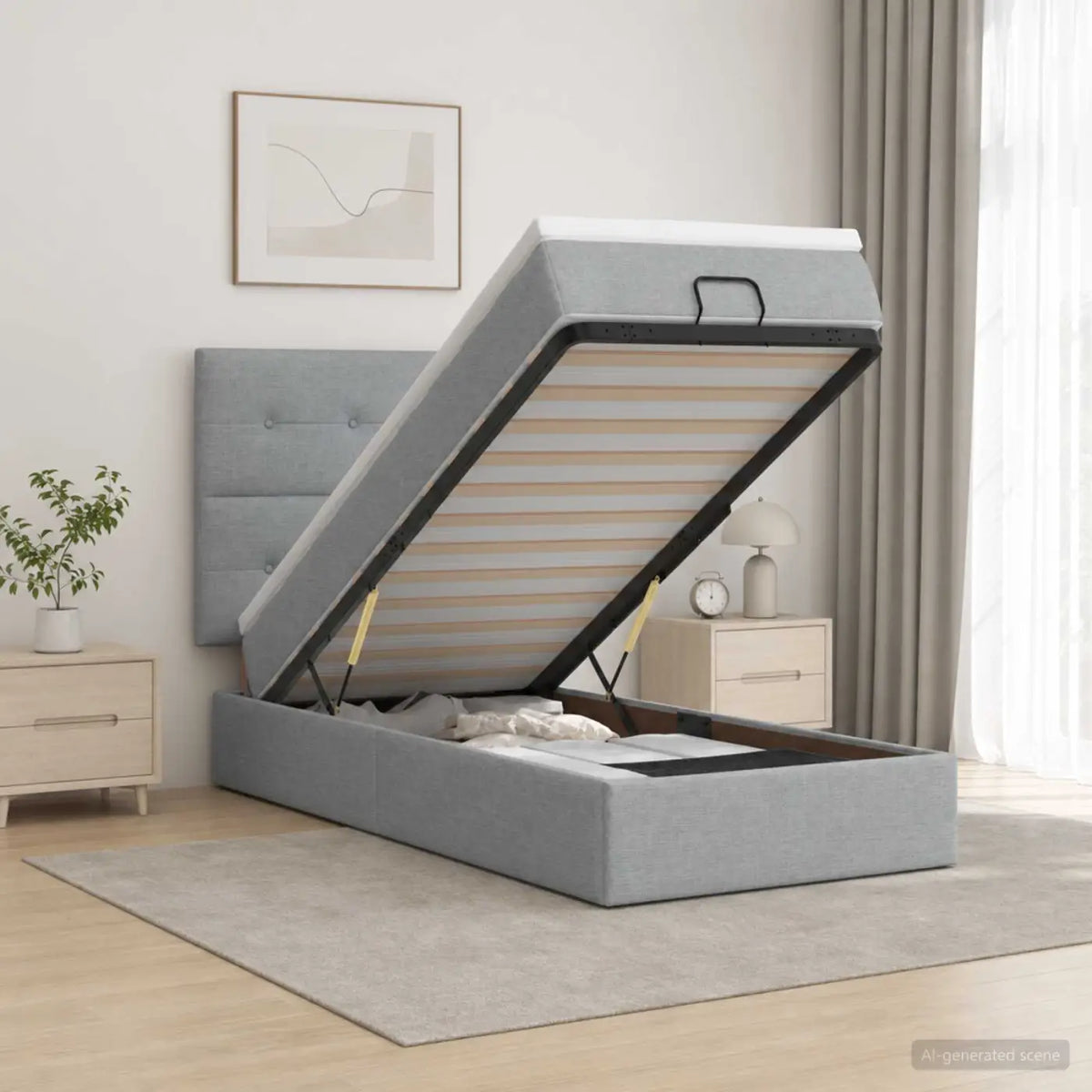 Lit coffre avec matelas et LED Gris clair 100 x 200 cm Tissu - XIOS