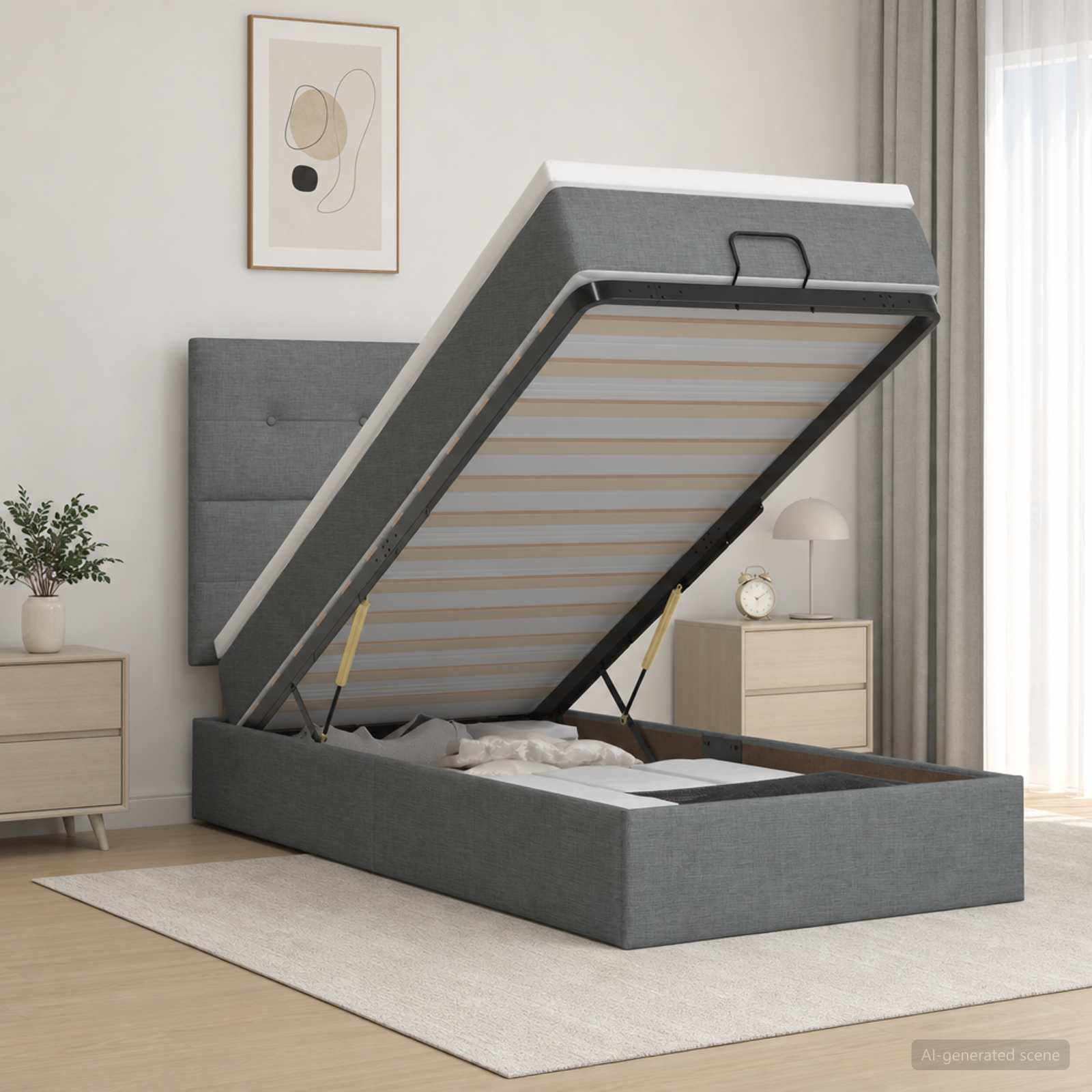 Lit coffre avec matelas et LED Gris foncé 90 x 190 cm Tissu