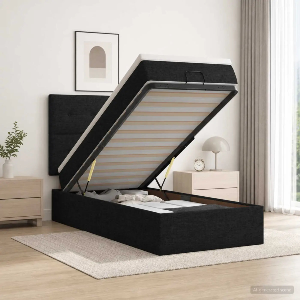 Lit coffre avec matelas et LED Noir 90 x 200 cm Tissu - XIOS