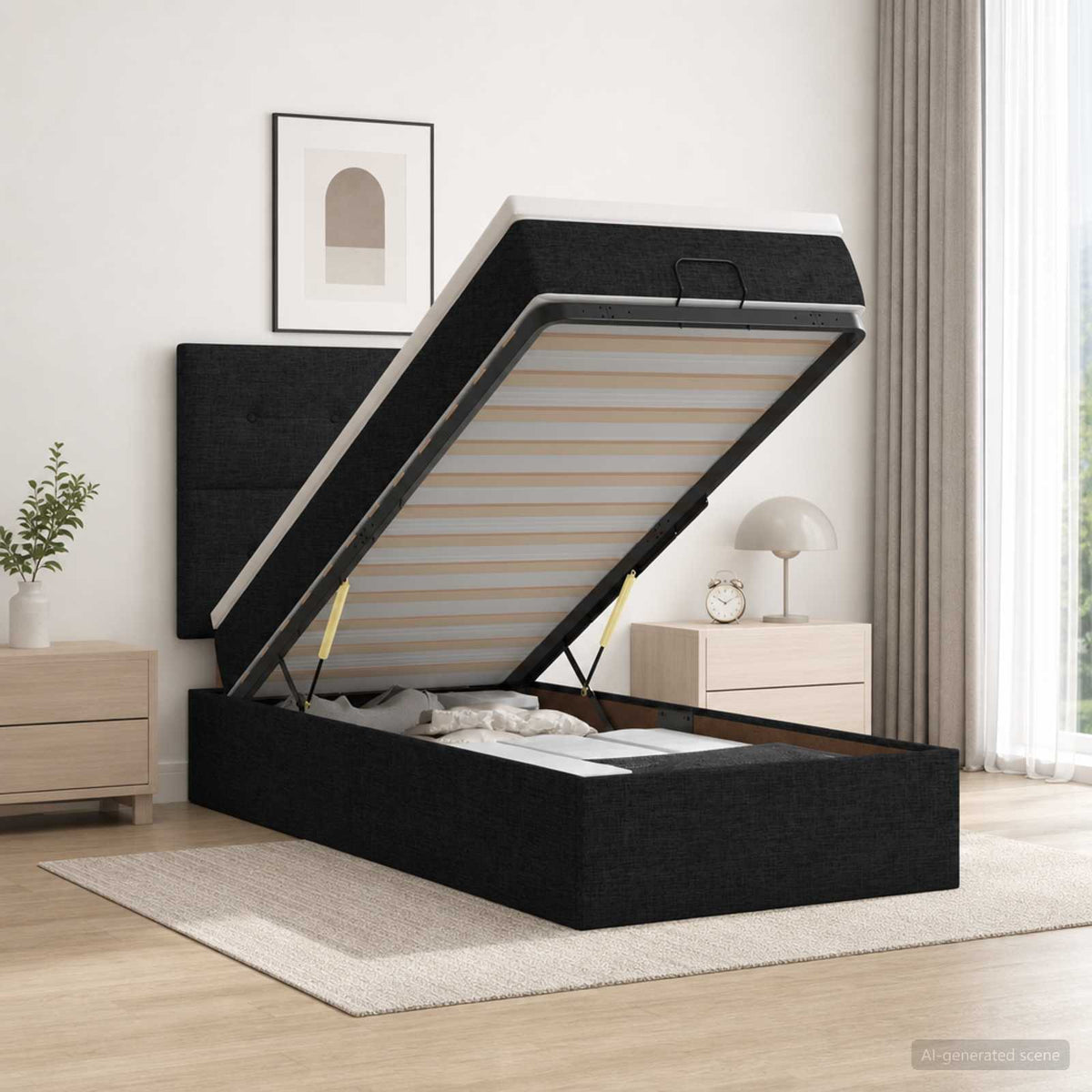 Lit ottoman avec matelas Noir 80 x 200 cm Tissu