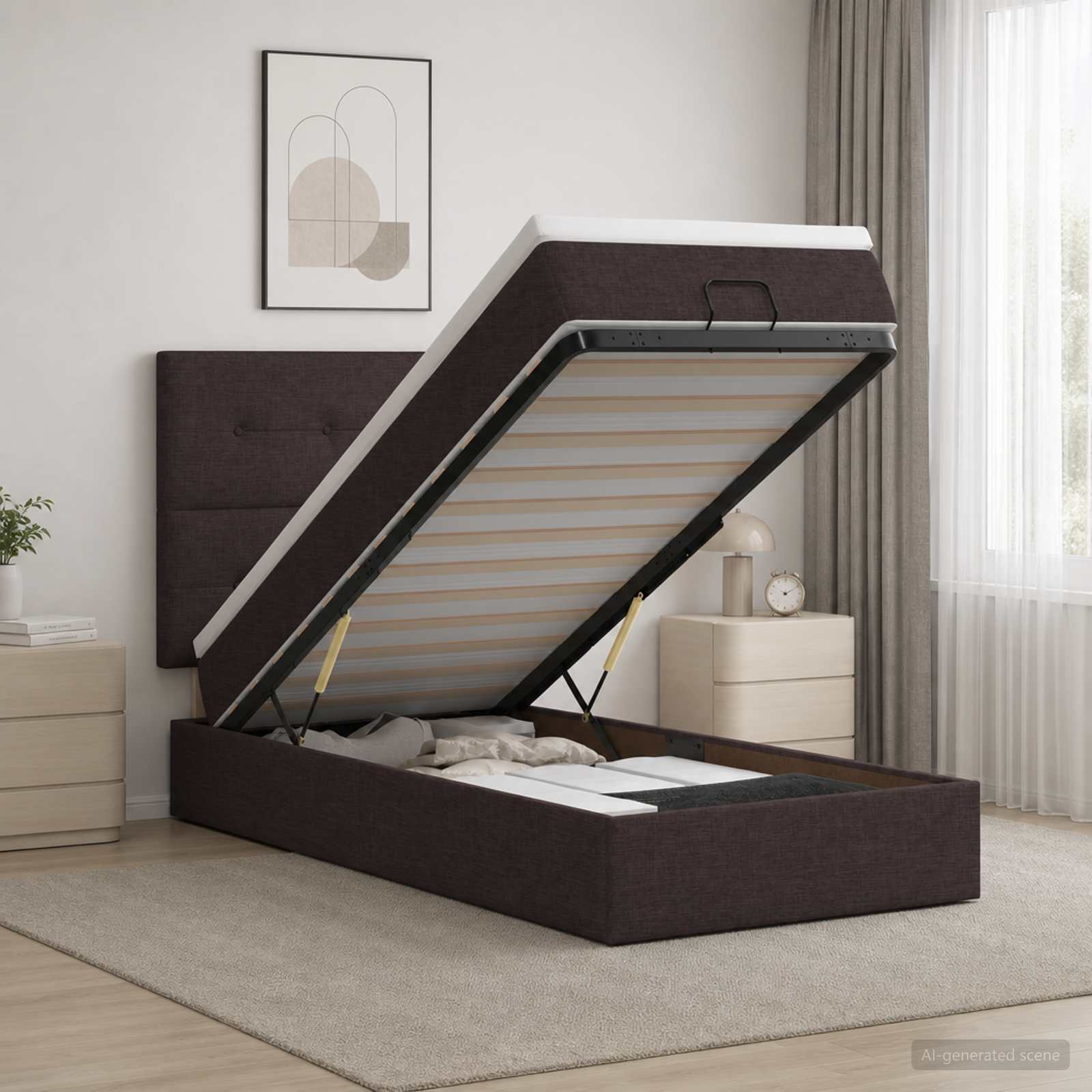 Lit coffre avec matelas et LED Marron foncé 100 x 200 cm Tissu - XIOS