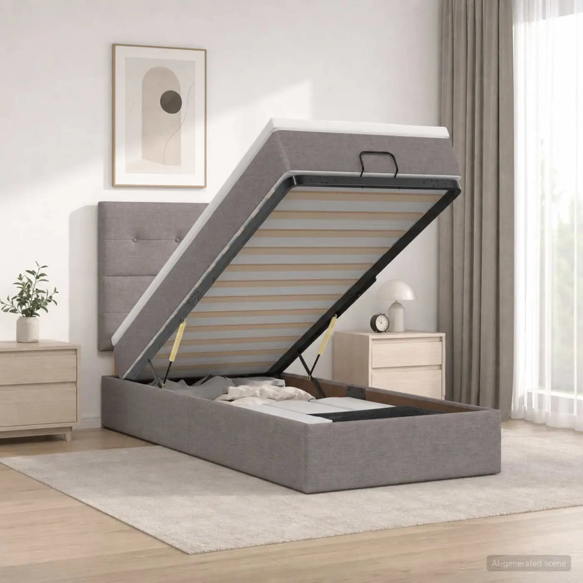 Lit ottoman avec matelas Taupe 90 x 200 cm Tissu - XIOS