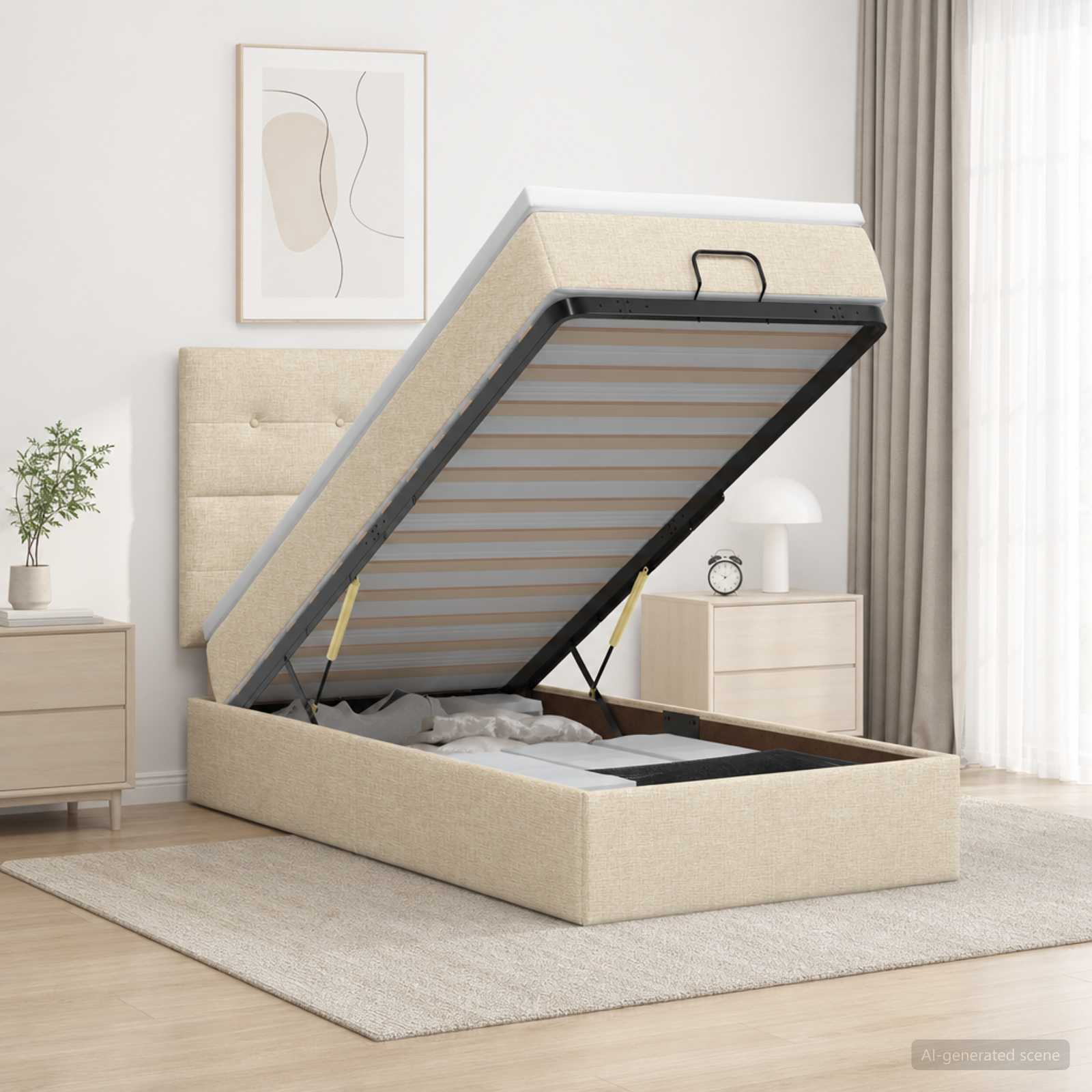 Lit coffre avec matelas et LED Crème 100 x 200 cm Tissu - XIOS