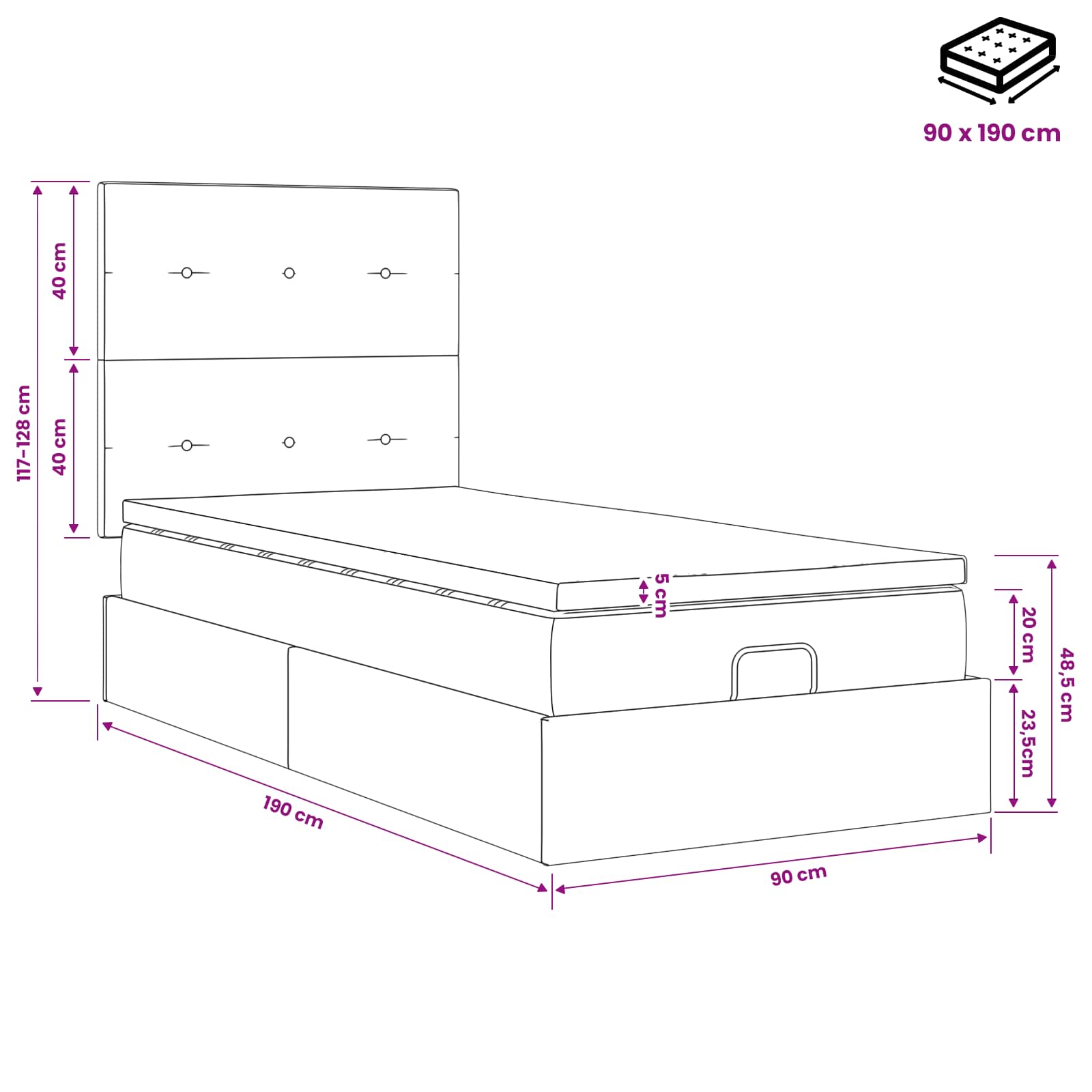 Lit ottoman avec matelas Noir 90 x 190 cm Tissu - XIOS