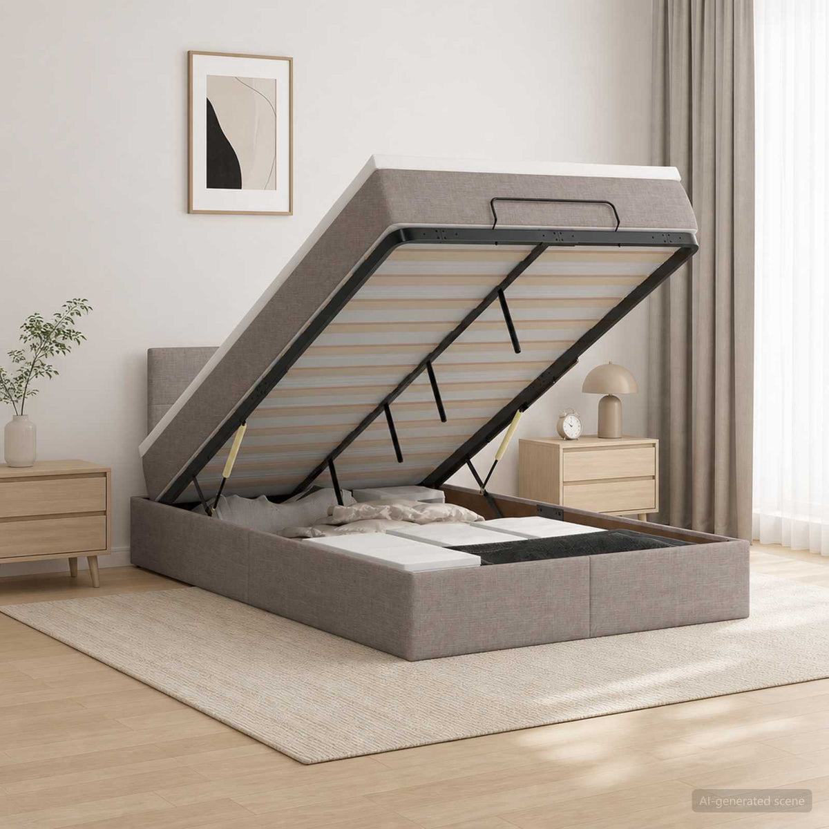 Lit coffre avec matelas et LED Taupe 120 x 190 cm Tissu